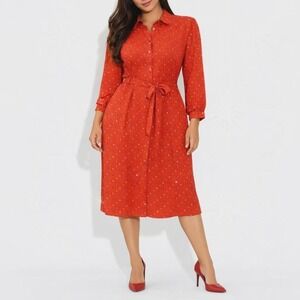 Vintage 70s Orange Floral Shirt Dress Belted Button Front Scarf Midi Sz L USA